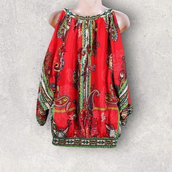 ECI Cold Shoulder Long Sleeve Blouse Multicolor Red, Pink, Green, White Size M - Picture 6 of 16